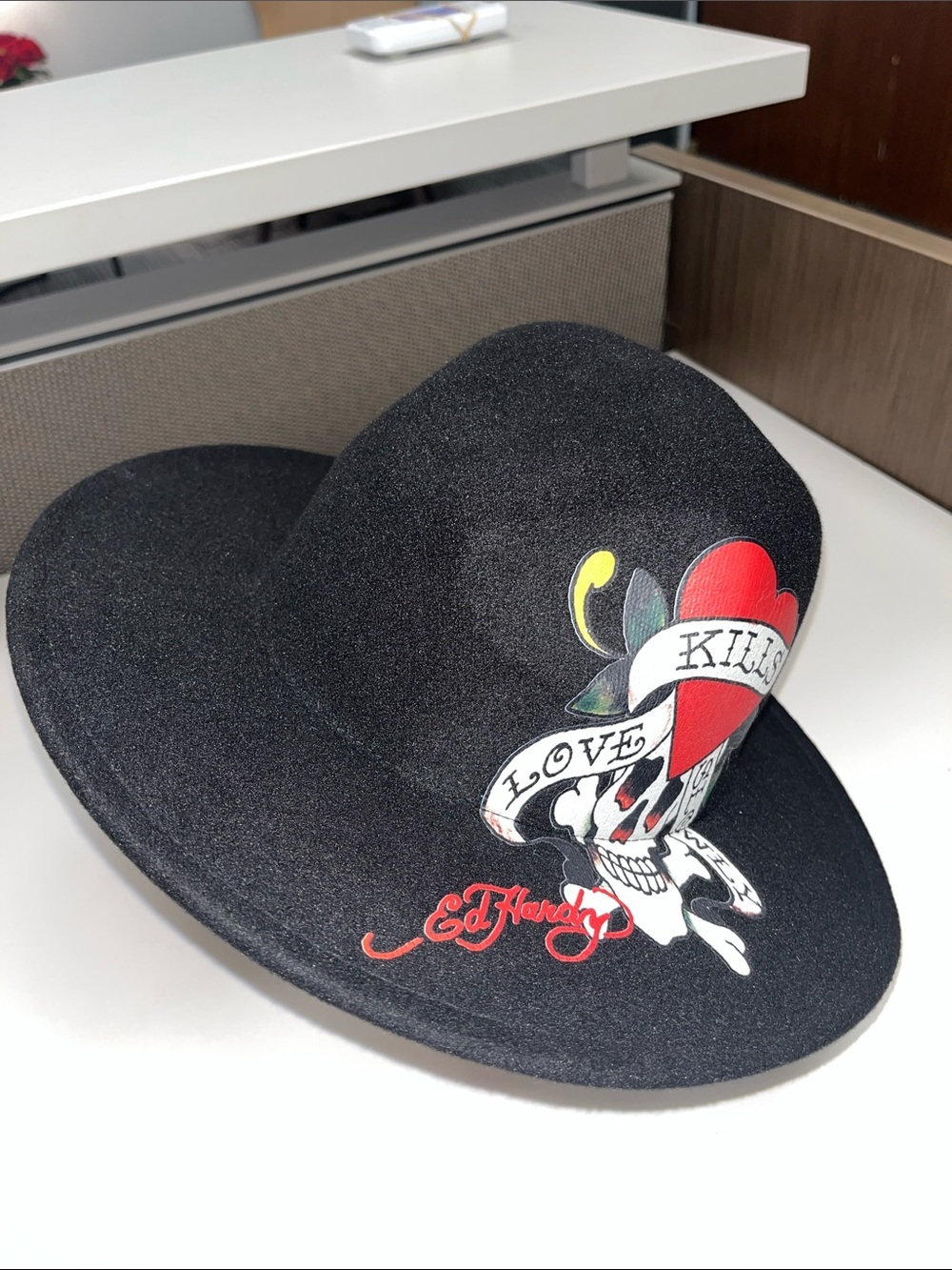 Ed Hardy Black Wide-Brim Felt Hat with Red Heart & Skull Graphic